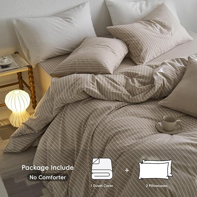 MooMee Striped Duvet Cover Set 100% Washed Cotton Linen Like Textured Breathable Durable Soft Comfy (Tannish Linen Grey White Wide Stripes, Super King Plus 120"x120")