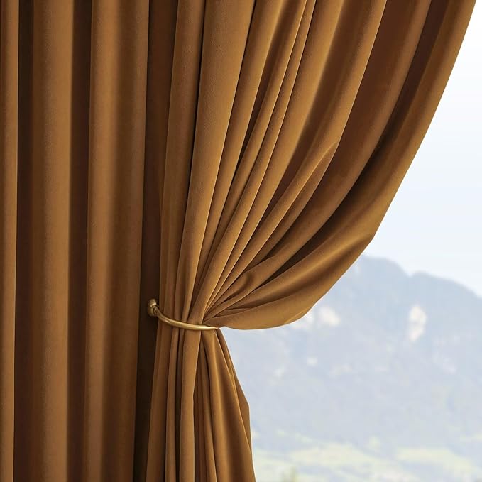 Joydeco Camel Brown Velvet Curtains 96 inch Length 2 Panels, Luxury Blackout Rod Pocket Thermal Insulated Window Curtains, Super Soft Room Darkening Drapes for Living Room Bedroom,W52 x L96 inches