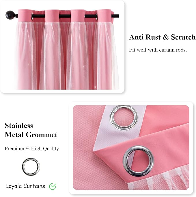 Star Curtains Blackout Curtains for Bedroom, Double Layer Curtains Nursery Curtains Cute Curtains, Kids Curtains for Girls, Curtains 108 Inches Long Set of 2, Pink Curtains, 52 X 108 Inches