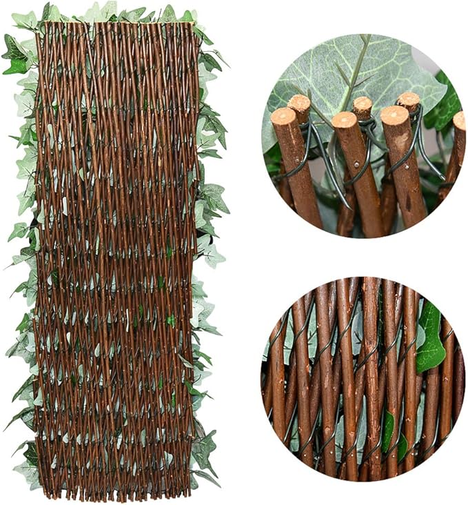 Expandable Fence Privacy Screen for Balcony Patio Outdoor,Decorative Faux Ivy Fencing Panel,Artificial Wax Gourd Leaf Hedges (Single Sided Leaves) (2, Green)