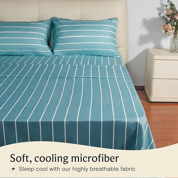 LuxClub 3 PC Twin Sheet Set, Deep Pockets Wrinkle Free Cooling Bed Sheets Hotel Bedding for Women, Men, Kids & Teens, Includes 1 Fitted Sheet, 1 Flat Sheet and 1 Pillowcase-Striped - Light Blue