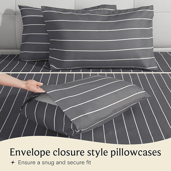 LuxClub 3 PC Twin Sheet Set, Deep Pockets Wrinkle Free Cooling Bed Sheets Hotel Bedding for Women, Men, Kids & Teens, Includes 1 Fitted Sheet, 1 Flat Sheet and 1 Pillowcase-Striped - Light Grey
