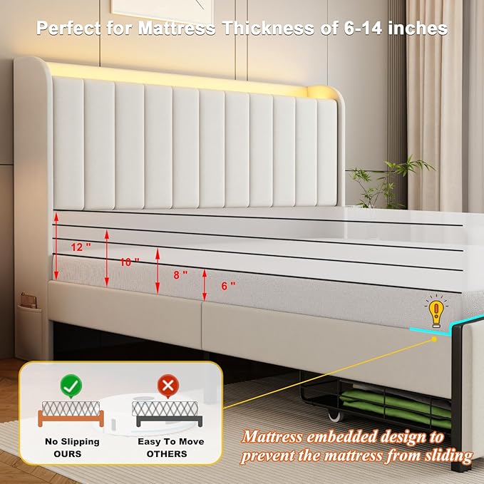 Full Size Bed Frames with Storage Headboard and 2 Drawers, Upholstered Platform Bed Frame Full with Led Lights and Handy Charging Station, No Box Spring Needed, Easy Assembly, Noise Free, Beige