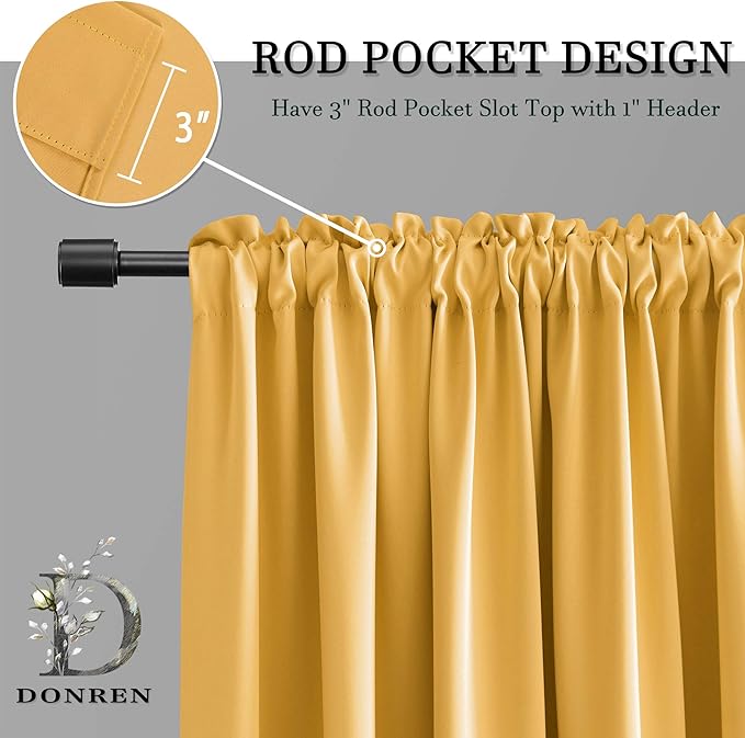 DONREN Extra Long 108 inch Length Blackout Curtains for Large Windows,Rod Pocket Soft and Touching Living Room Sweep to Floor for Villa (Yellow,2 Pack,52 W by 108 inches Long)