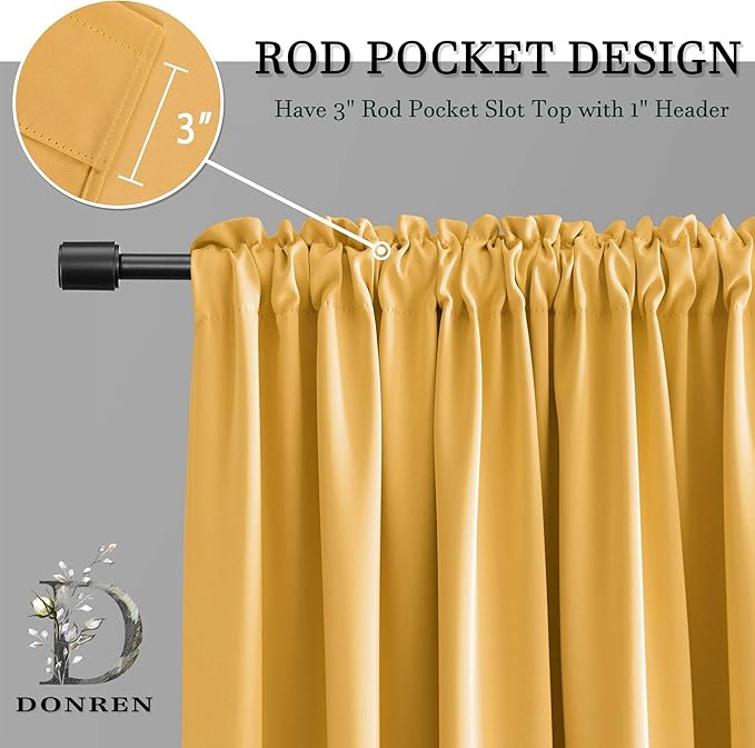DONREN Blackout Curtain Panels for Bedroom Rod Pocket 96 Inch Length Curtains (42 W x 96 L,Gold Yellow,2 Panels)