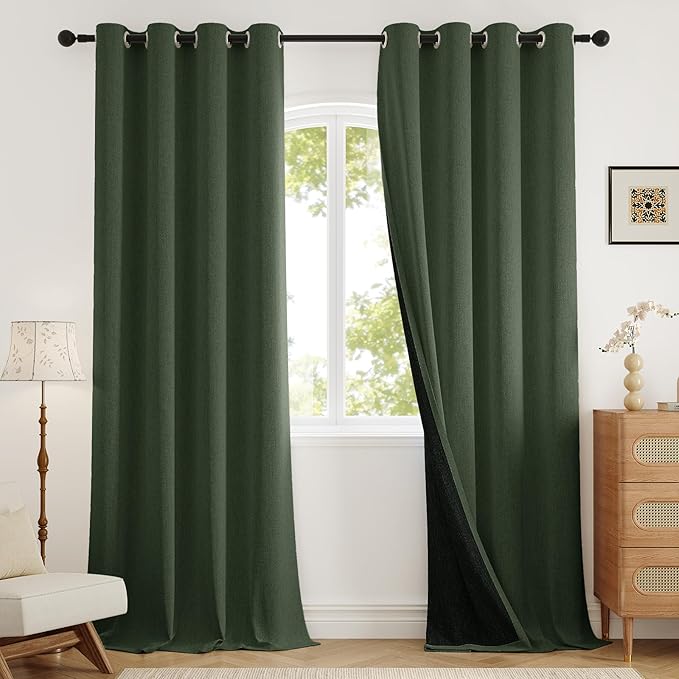 100% Blackout Curtains 72 inch Length 2 Panels Set for Dining Room Master Room, Thick Soft Linen-Look Textured Full Light Blocking Room Darkening Thermal Insulated Drapes (W52xL72, Olive)