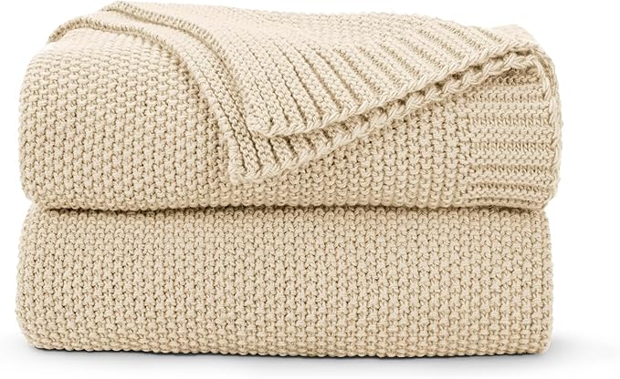 CozeCube Beige Throw Blanket for Couch, Soft Cozy Cable Knit Throw for Bed Sofa Living Room, Lightweight Warm Decorative Farmhouse Christmas Blanket, 60"x80", Light Beige