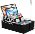 Pezin & Hulin Bamboo Charging Station for Multiple Devices, USB Charger Dock Organizer, with Power Supply (10 Ports HUB), 6 Cables, Cable Management Organizer for Cell Phones, Tablets -Black