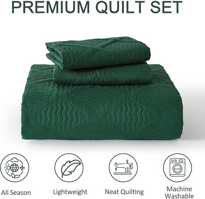 Yiran Twin Quilt Set, Emerald Green Lightweight Soft Bedspreads Bedding Set, Diamond Pattern Coverlet for All Season Modern Style 2 Piece with 1 Pillow Sham 68x90 Inch