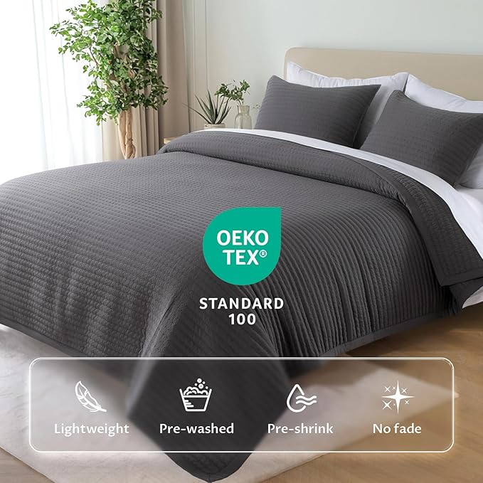 Oversized King Quilt Set 112"x106" – 3-Layer Soft Washed Lightweight California King Bedspread, Minimalist Nordic Design, All-Season Quilt Bedding (1 Quilt + 2 Pillow Shams), Tornado Dark Grey