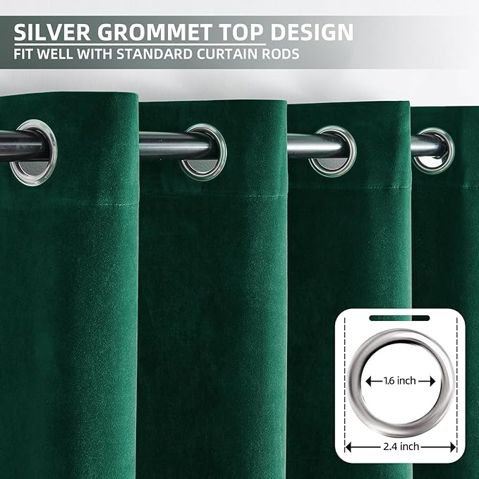 Joydeco Dark Green Velvet Curtains 72 Inches Long, Luxury Grommet Blackout Curtain 2 Panels, Thermal Insulated Privacy Room Darkening Window Drapes for Bedroom Living Room Home Theatre (52Wx72L)
