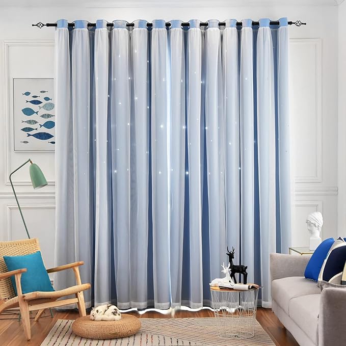 Star Double Layer Blackout Curtains for Bedroom, Kids - Cute, 108 Inches Long, 2 Panels Set, Blue, 42 X 108 Inches