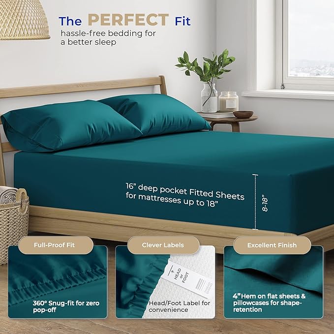 THREAD SPREAD 100% Cotton Bed Sheets Queen Set - 400 Thread Count Cotton Queen Sheets Only, 4 PC Set (Teal), Ultra Soft, Breathable, Cooling, Sateen Weave 16" Deep Pocket Bedsheet for Hot Sleepers