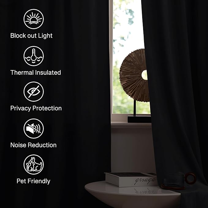 StangH Black Velvet Curtains 96 inches Long for Living Room Blackout Thermal Insulated Drapes Energy Smart Repel Privacy Panels for Home Theater, W62 x L96, 2 Panels