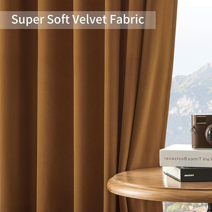 Joydeco Camel Brown Velvet Curtains 90 inch Length 2 Panels, Luxury Blackout Rod Pocket Thermal Insulated Window Curtains, Super Soft Room Darkening Drapes for Living Room Bedroom,W52 x L90 inches