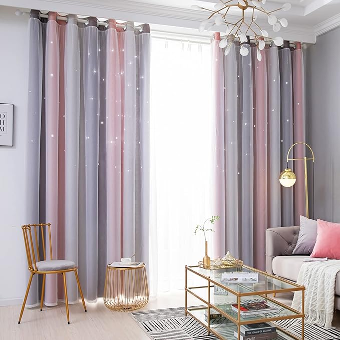Star Curtains - Blackout & Rainbow Kids Bedroom Curtains, 72 Inch Long, 2 Panels, Pink & Grey