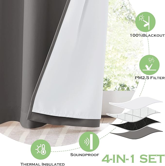 KGORGE Soundproof & Dust Particle Filtering Curtains 100% Blackout Window Cover Thermal Insulating Energy Smart Curtains for Living Room Bedroom Baby Nursery, W 52 x L 102 inches, Grey, 1 Pair