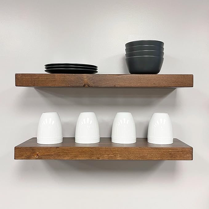 URBANDI, Rustic Floating Shelves, Set of 2, Hidden Bracket, Solid Wood, Heavy Duty, Wall Mounted Shelves, (Provincial, 12Wx8D)