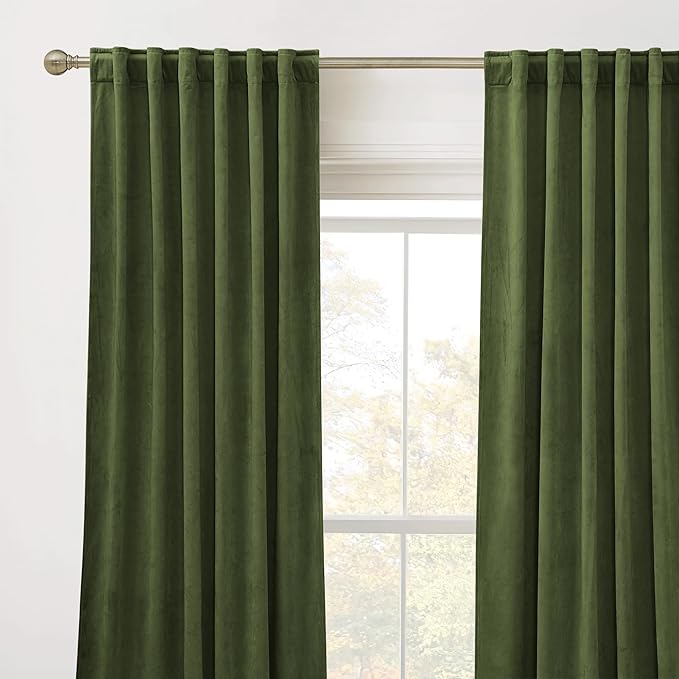 RYB HOME Olive Green Velvet Curtains 90 inches Long - Room Darkening Luxury Window Treatment Privacy Thermal Insulated Backdrops for Living Room, 52 inch x 90 inches, 2 Panels Set