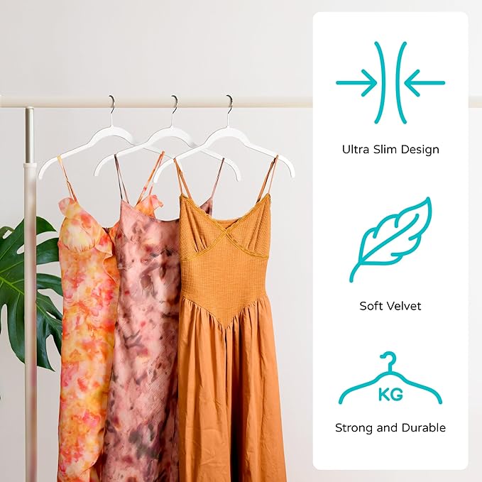 Premium Velvet Shirt Hangers 50 Pack, Non-Slip 360° Swivel Hook Slim Felt Hanger, Space Saving Flocked Hangers for Tank Tops, Blouses, Strappy Dresses(White)
