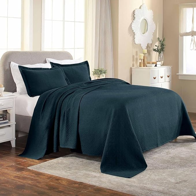 Superior 2 Piece Basketweave Cotton Bedspread Set, Home Bed Decor, Decorative Bed Spread, 1 Pillow Sham, Medium Weight Blanket, Matelasse Coverlet Bedding, Geometric Lattice Pattern, Twin, Deep Sea