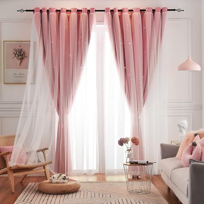 Stars Double Layer Blackout Curtains for Bedroom Kids, 72 Inches Long 2 Panels Set, Pink, 52 X 72 Inches