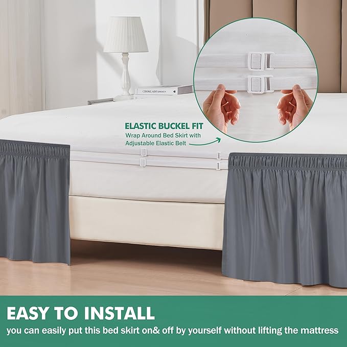 Biscaynebay Wrap Around Bed Skirts with Split Corners for King Beds 16" Drop, Dark Grey Elastic Dust Ruffles Adjustable Easy Fit Wrinkle & Fade Resistant Silky Luxurious Fabric Machine Washable