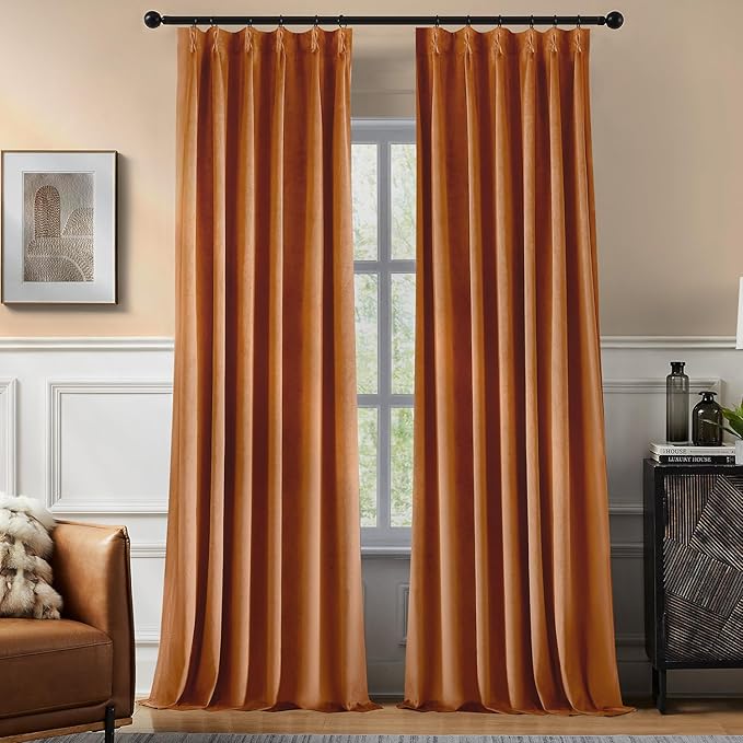 Pinch Pleated 100% Blackout Curtains for Bedroom, Yellow Velvet Curtains for Living Room, Black Out Curtain 102 inch Long Room Darkening, Blackout Pinch Pleat Drapes with Hooks 2 Panels