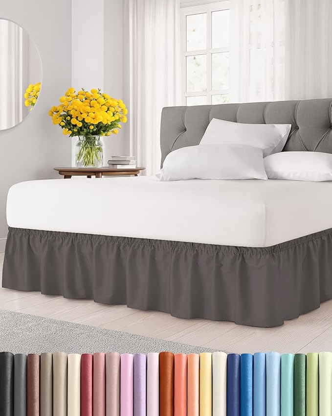 Wrap Around Dust Ruffle Bed Skirt - Dark Grey - for Queen Size Beds with 18 Inch Drop - Elastic Strap - Adjustable Pleated Bedskirt with Brushed Fabric and Wrinkle Free - for Women, Men, Kids & Teens