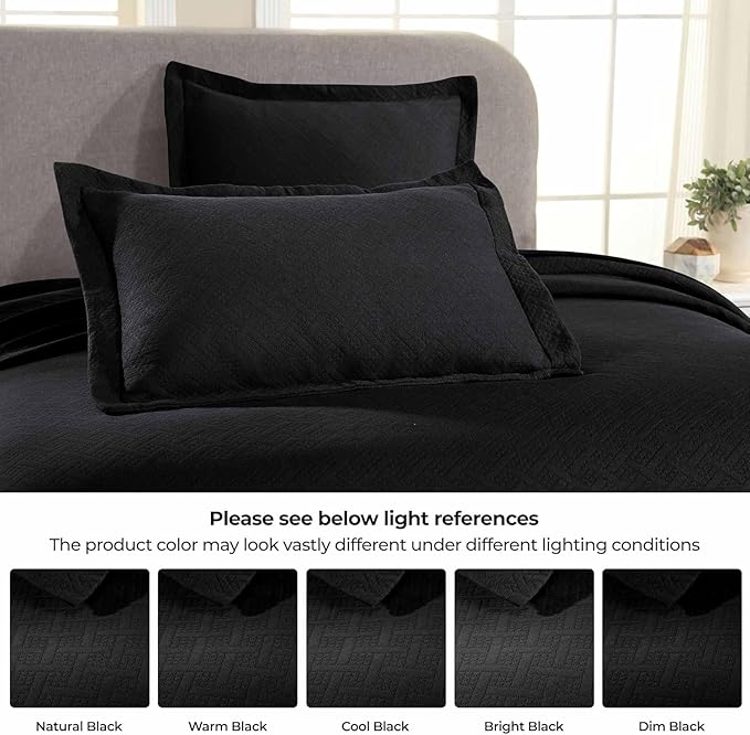 Superior 100% Cotton Basket Weave Bedspread with Shams, All-Season Premium Cotton Matelasse Jacquard Bedding, Quilted-Look Geometric Basket, Queen, Black
