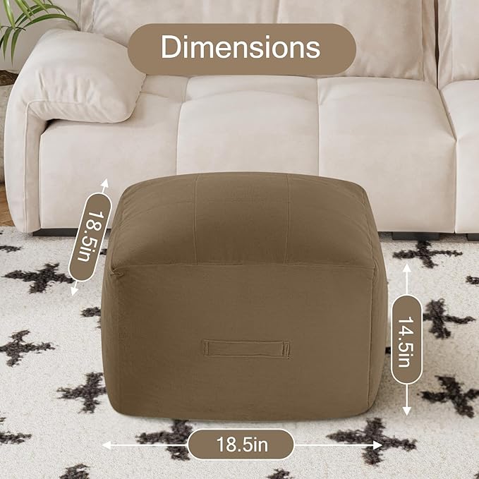 MeMoreCool Square Stuffed Pouf Ottoman Foot Rest, Floor Pouf Foot Stool with Foam Chunk Filling, Soft Stuffed Ottoman Footrest for Living Room, Light Coffee