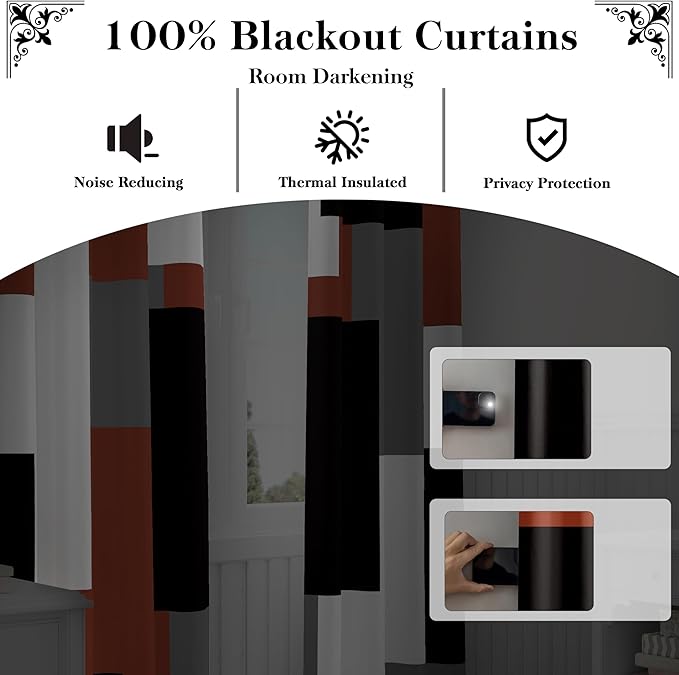 Burnt Orange 100% Blackout Curtains for Bedroom 84 inch Length 2 Panels Set Rust Modern Abstract Geometric Black Out Curtains Insulated Room Darkening Window Drapes for Living Room, 52Wx84L