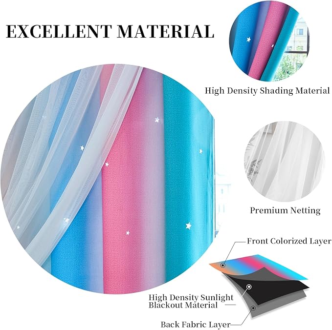 Star Curtains - Blackout & Rainbow Bedroom Curtains, 72 Inch Long, 2 Panels, Beige, Blue & Pink