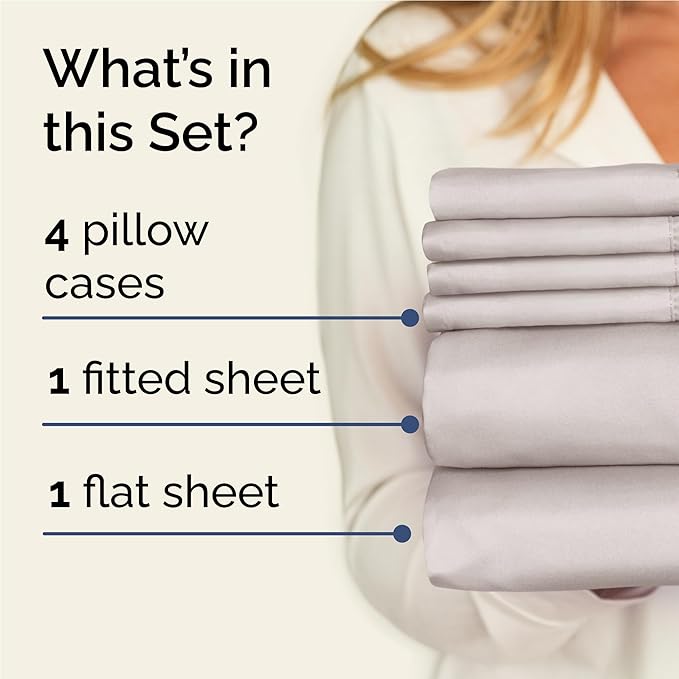Full 6 Piece Sheet Set - Cooling, Comfy & Breathable - Hotel Luxury Bedding, Includes Fitted Sheet for Women, Men, Kids & Teens - 1 Flat, 1 Fitted Sheet, 4 Pillowcases with Deep Pockets - Light Grey