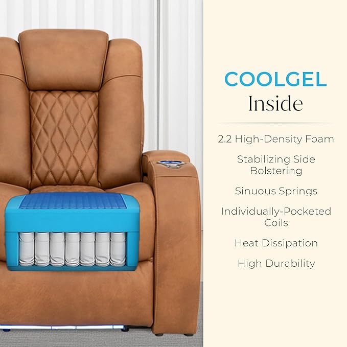 Seatcraft Diamante Zero-Gravity CoolZero Italian Leather Home Theater Seating, Power Headrest, Power Recline, Row of 3 Sofa, Tawny