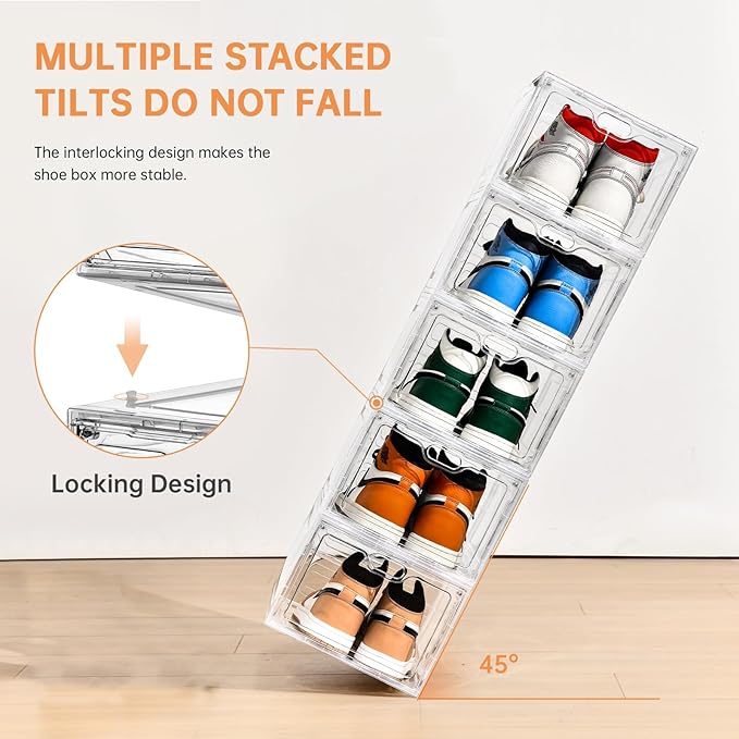 12 Pack Large Shoe Storage Box, Clear Shoe Storage Organizer with Magnetic Door, Stackable,Shoe Containers For Display Sneakers, Easy Assembly, Fit up to US Size 12, Clear