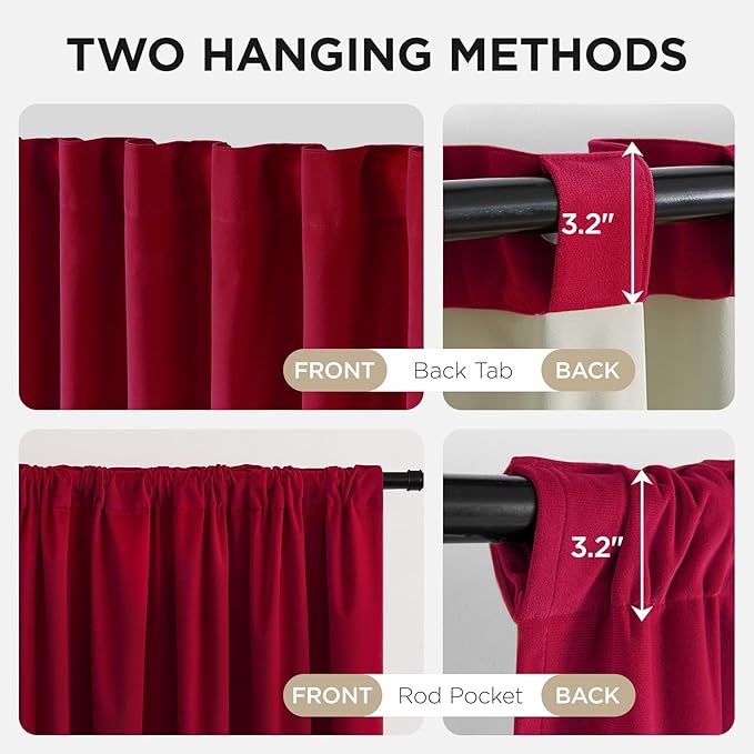 Joydeco Red 100% Blackout Curtains 90 Inch 2 Panels, Luxury Thermal Red Velvet Curtains for Bedroom Living Room, Soundproof Blackout Window Drapes, Rod Pocket & Back Tab (52W x 90L)