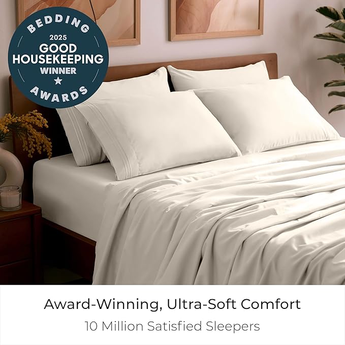Mellanni Full Sheet Set - 6-Piece Iconic Collection Bedding, (Including 4 Pillowcases), 21-Inch Extra Deep Pocket, Easy Care, Ultra Soft, Cooling Sheets, Brushed Microfiber - Golden Ivory