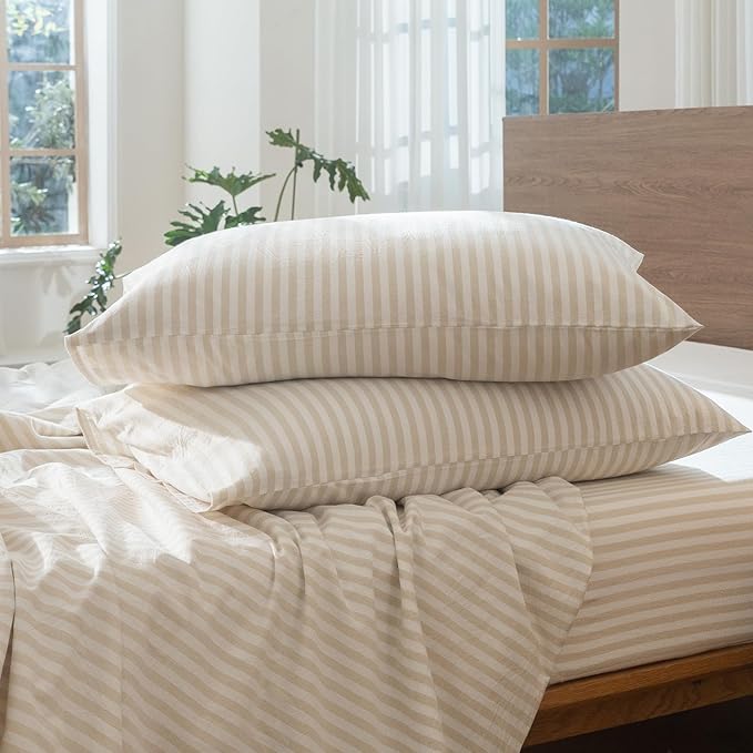 MooMee Striped Duvet Cover Set 100% Washed Cotton Linen Like Textured Breathable Durable Soft Comfy (Almond Milk Grey Classic Stripes, King 104"x90")