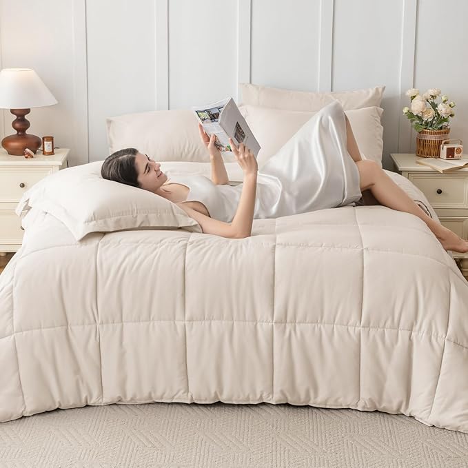 JOLLYVOGUE California King Comforter Set, Ultra-Soft Bed in a Bag Cal King Size 7 Pieces, Oeko-TEX Certified Bedding Set with Down Alternative Comforter, Sheets, Pillowcases & Shams, Beige
