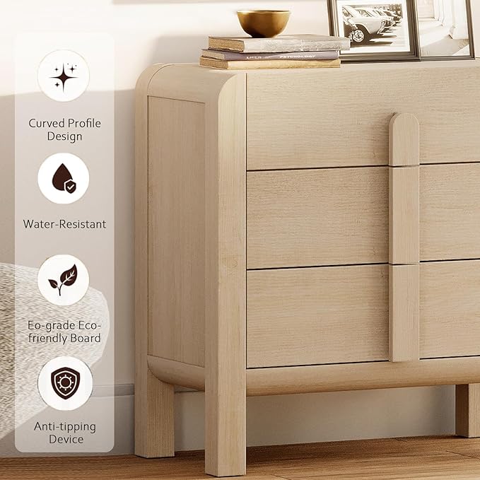 WAMPAT 6 Drawer Dresser for Bedroom, 2 in 1 63" Wide Mid Century Modern Wide Chest of Drawer, Wood Tall Nightstand with Curved Edge Handles, Closet Dresser TV Stand for Bedroom, Beige