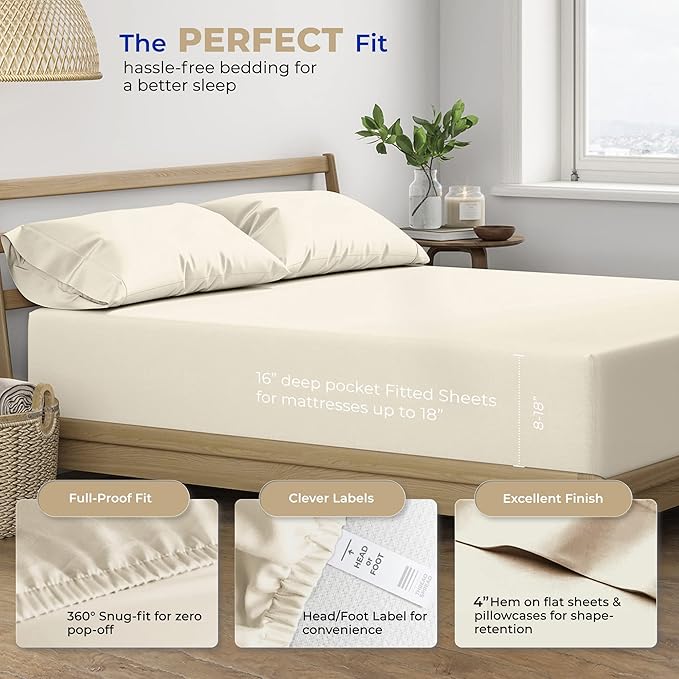 THREAD SPREAD 100% Cotton Full Size Bed Sheet Set - 400 Thread Count, Soft, Cooling Sheets for Full Bed, Luxury Hotel Sheets, Fits Upto 18" Deep Pocket Mattress (Ivory)