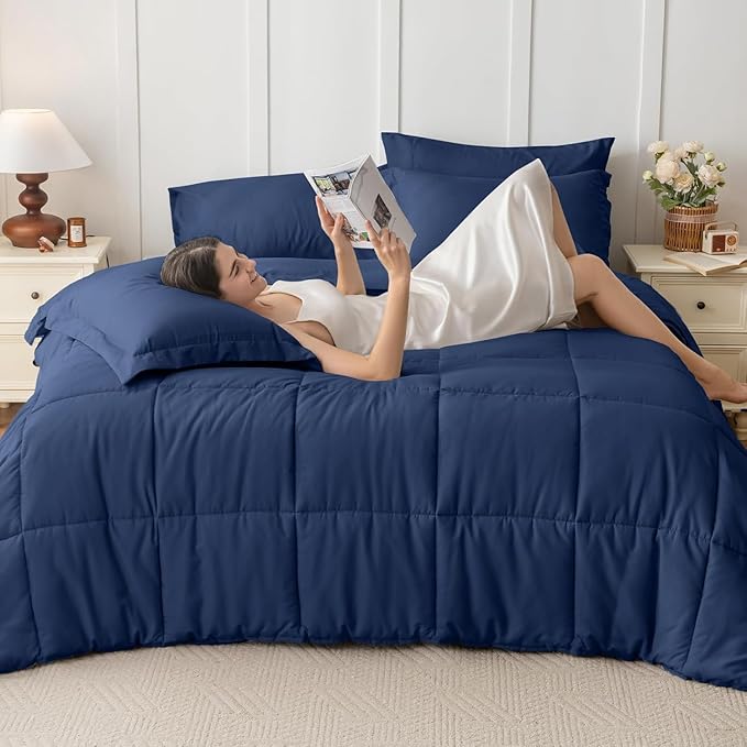 JOLLYVOGUE Twin Comforter Set, Ultra-Soft Bed in a Bag Twin Size 5 Pieces, Oeko-TEX Certified Bedding Set with Down Alternative Comforter, Sheets, Pillowcases & Shams, Navy