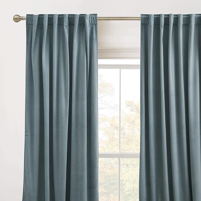 RYB HOME Stone Blue Velvet Curtains 94 inches, Back Tab Soft Fabric Room Darkening Thermal Insulated Luxurious Home Decor Curtains for Living Room Bedroom, W 52" x L 94", 2 Panels Set