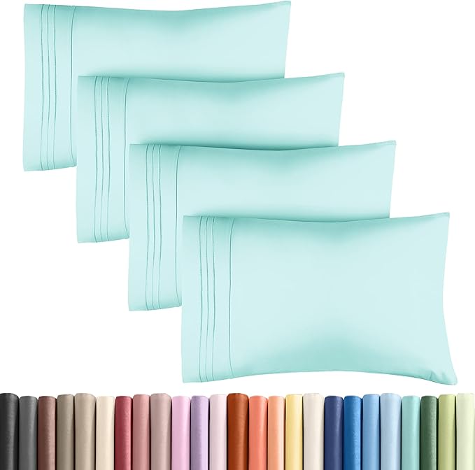 King Pillow Cases Set of 4 - Ultra Soft Hotel Quality Pillowcase Covers - Comfy, Cozy & Wrinkle Free - Shrinkage, Stain and Fade Resistant - Machine Washable Pillow Protectors - 4 Piece Set - Spa Blue