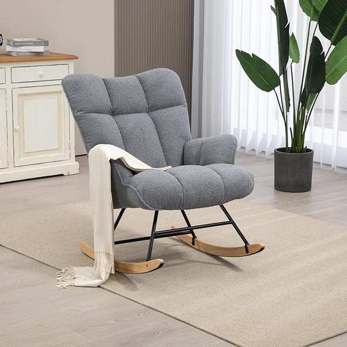 Rocking Chair Nursery Teddy Upholstered Glider Rocker Rocking Accent Chair Padded Seat with High Backrest Armchair Comfy Side Chair for Living Room Bedroom Offices (Darkgrey Teddy)