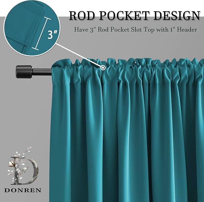 DONREN Teal Room Darkening Curtains for Bedroom - 90 Inch Length Thermal Insulated Rod Pocket Curtains (1 Pair,52 Inch Width)