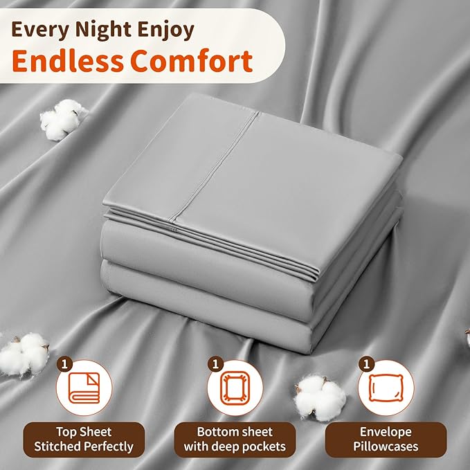 LBRO2M 1000 Thread Count 100% Egyptian Cotton Sheets Set Twin, 3 Piece Sets Bed Sheet Deep Pocket Sheet Set 16" Soft Comfortable All Season (Twin, Gray)
