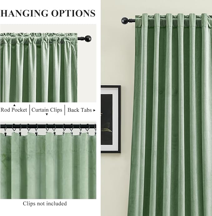 Sage Green Velvet Curtains 102 Inches Long for Bedroom, Super Soft Room Darkening Thermal Insulated Curtains Luxury Window Drapes for Living Room Nursery, Back Tab Rod Pocket, W52 x L102, 2 Panels