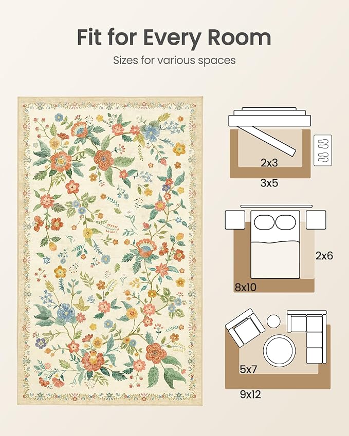 Amada 8x10 Area Rugs, Non-Slip & Low-Profile Large Area Rug with Reinforced Edge Binding, Washable Soft Boho Floral Rugs for Living Room, Bedroom, Dining Room